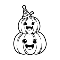 Vector art of two pumpkins stacked with party hat halloween or birthday concept art cute and funny illustration