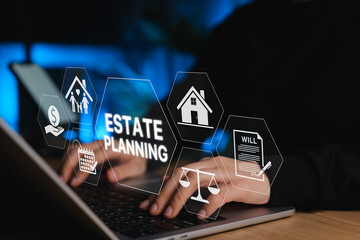Estate Planning and Will Preparation Concept. Person using laptop with icons representing estate...