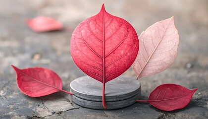 Two leaves, contrasting colors, on gray discs