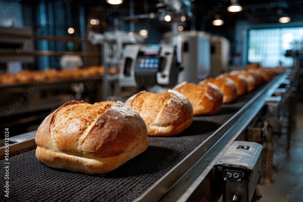 Poster loafs of bread moving on an automated conveyor system in a modern bakery during the busy morning hou