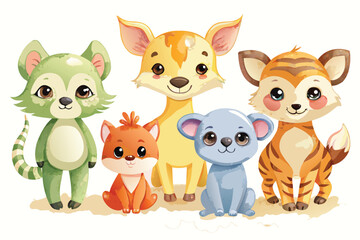 Obraz premium Cute cartoon animals standing together in a friendly grouping in a colorful style