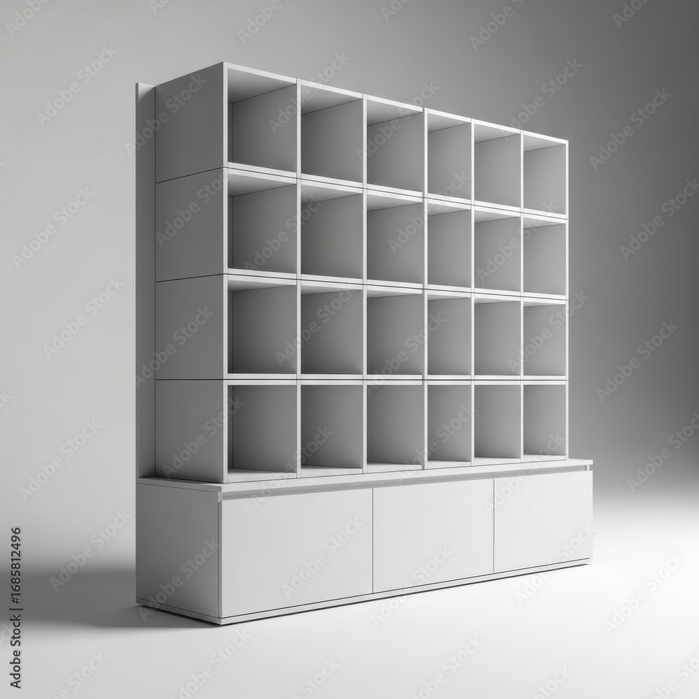 Poster modern white storage unit with multiple compartments and two drawers isolated on white background