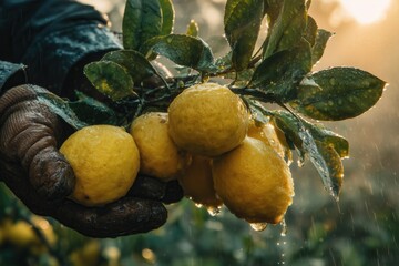 Hand holding freshly picked lemons with leaves, glistening with rain, backlit by warm sunlight