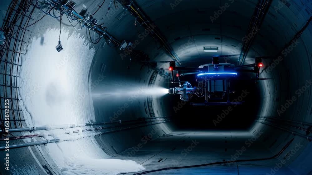 Poster autonomous aerial drone executing systematic foam spray inside test tunnel designed for fire suppres