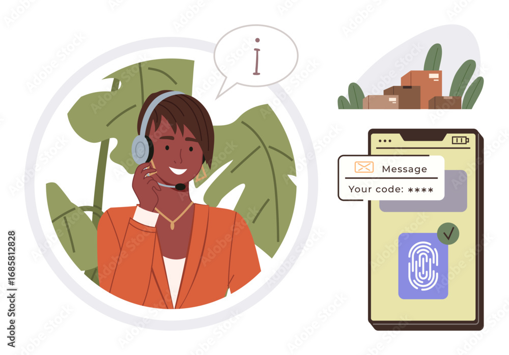 Poster customer service agent with a headset providing assistance, smartphone showing security code and fin