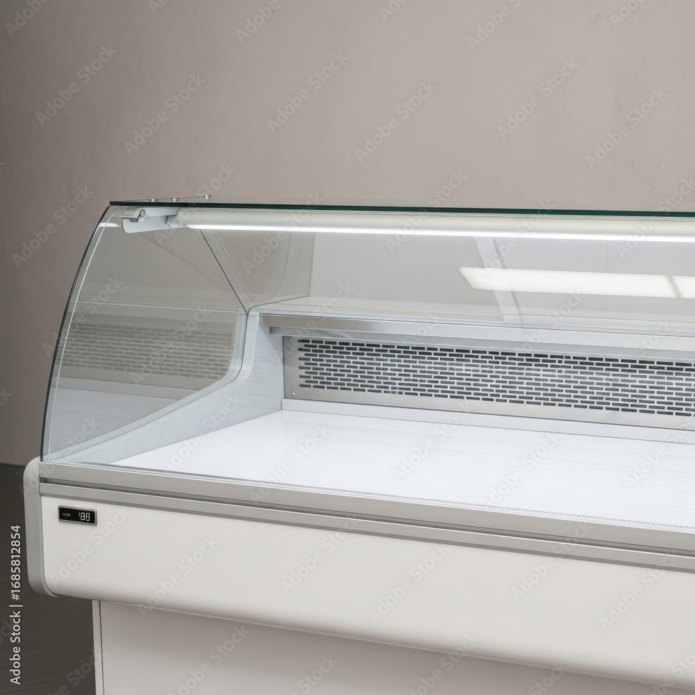 Poster close up of an empty refrigerated display case with a curved glass front isolated on white backgroun