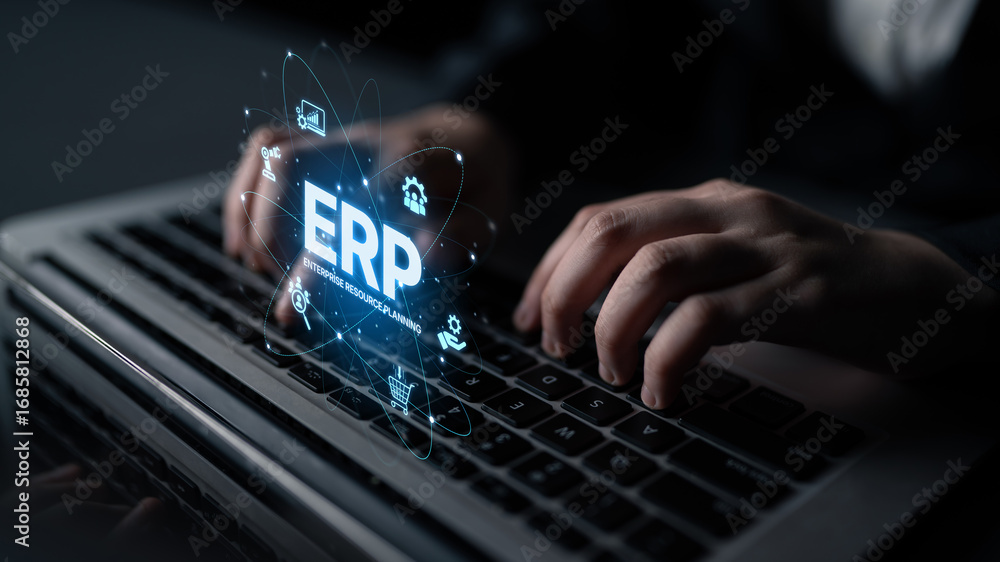 Poster erp platform visual showing centralized system for enterprise resource planning, improving integrati