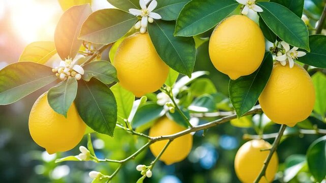 Sunlit Lemon Orchard: Ripe Fruit, Blossoms, and Vibrant Greenery
