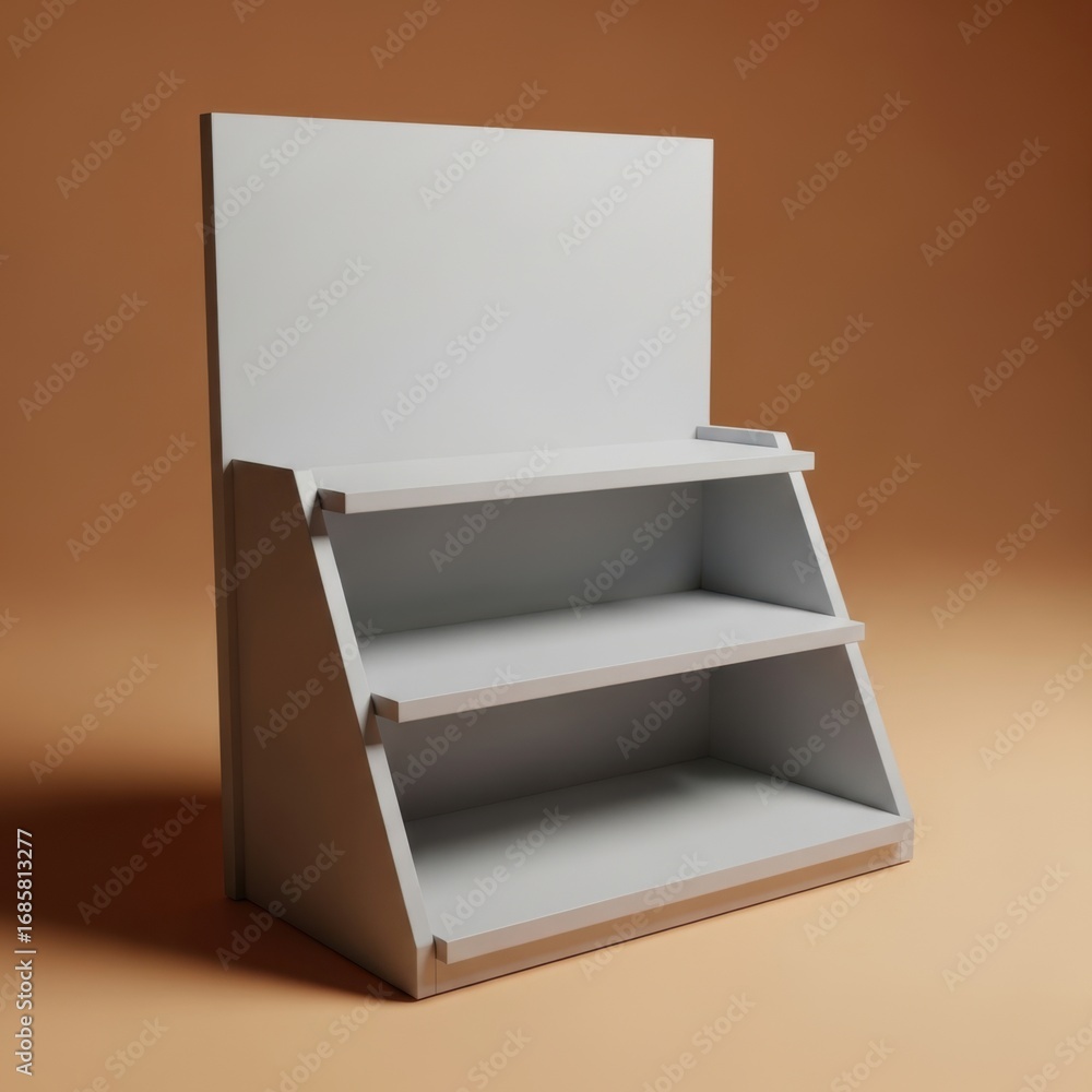 Poster a simple light gray wooden two tier display shelf unit with a tall back panel isolated on white back
