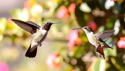 Fototapeta premium Two hummingbirds hover mid-air near blooming colorful flowers, one with a red throat