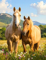Two light-brown horses in a meadow
