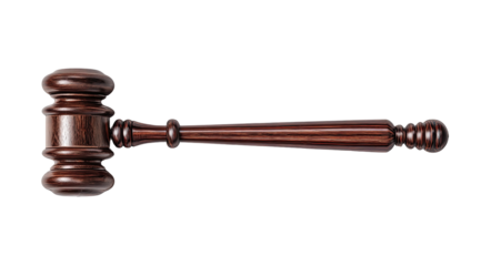 Wooden gavel, dark reddish-brown hue,  horizontal orientation,  isolated on black background.  Detailed craftsmanship,  rounded mallet head,  long handle,  ornate design