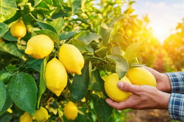 Hands gently picking ripe yellow lemons from a lush lemon tree, bathed in warm sunlight