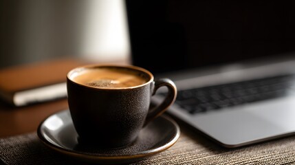 A cup of coffee sits near a laptop, perfect for work or study breaks.