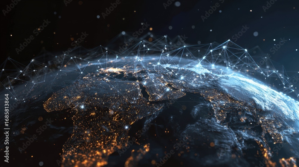 Poster global connectivity showcased through a high-tech visualization of earth at night with illuminated c