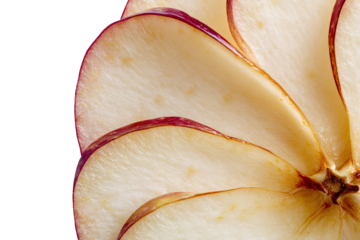 Close-up of thin apple slices, arranged in a fan shape.  The slices are a light cream color with a reddish-pink edge.  Focus is on the layers and textures
