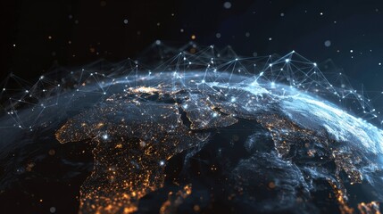 Global connectivity showcased through a high-tech visualization of Earth at night with illuminated cities and intricate network designs