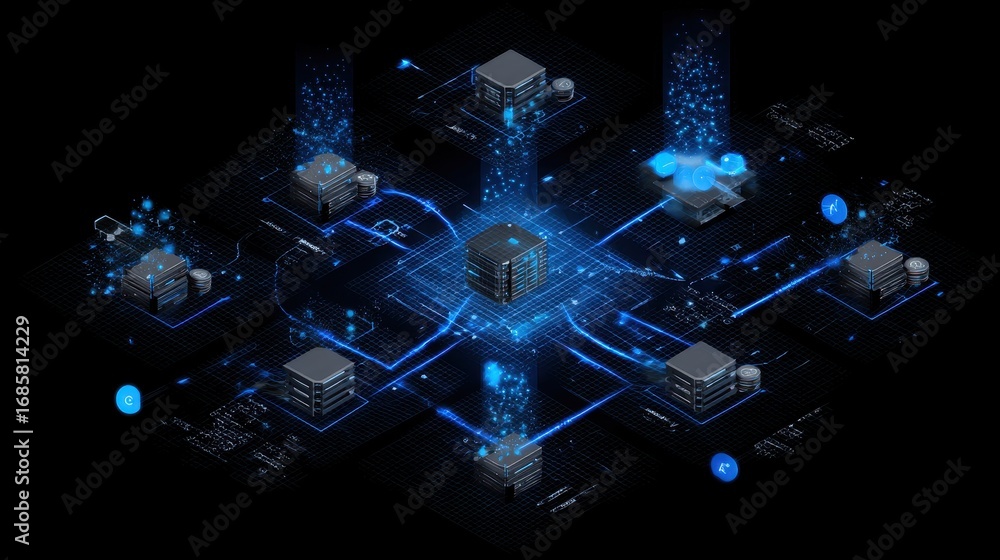 Poster digital network visualization showcasing data flow and connectivity among servers in a futuristic de