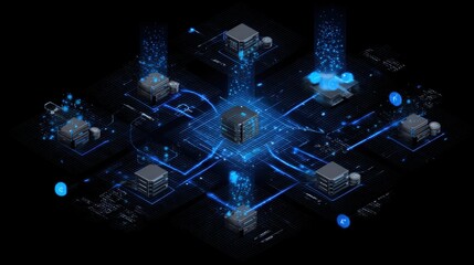 Digital network visualization showcasing data flow and connectivity among servers in a futuristic design