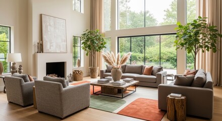 Bright and Spacious Modern Living Room with Large software, Garden View, and Earthy Tones