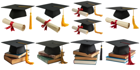 Graduation caps and diplomas with tassels isolated on a transparent background scroll