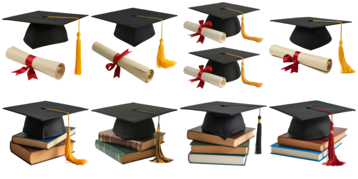 Graduation caps and diplomas with tassels isolated on a transparent background scroll
