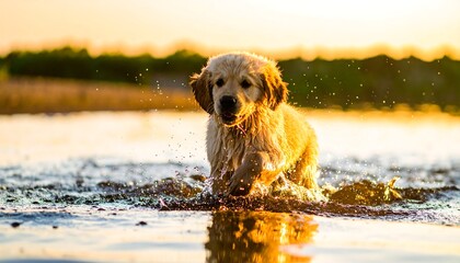 Golden retriever puppy splashing in shallow water at sunset