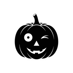 Vector art of a black and white illustration of a winking pumpkin with a playful expression, ideal for halloween