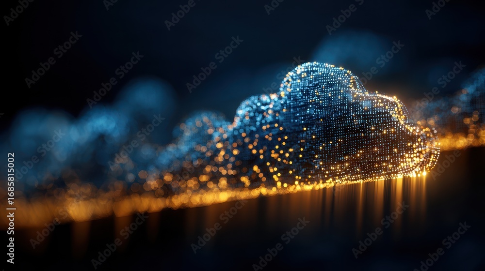 Poster digital cloud formation with glowing particles creating a mesmerizing visual effect in a dark enviro