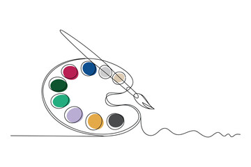 Continuous One-Line Vector Drawing of an Artist's Palette with Brushes. Editable Stroke.