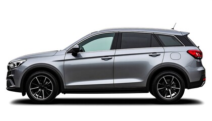 Fototapeta premium Side view of a silver SUV with black trim and wheels, isolated on a white background