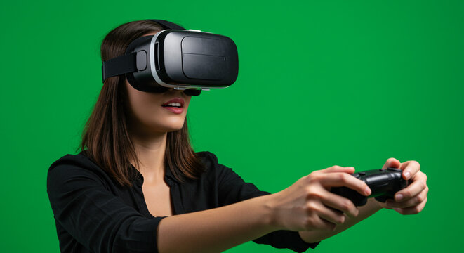Woman immersed in virtual reality, holding a game controller, experiencing digital worlds with excitement