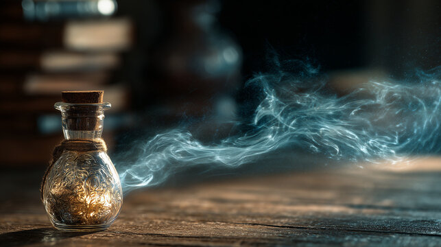 A swirling magical mist rising from an ancient elixir flask