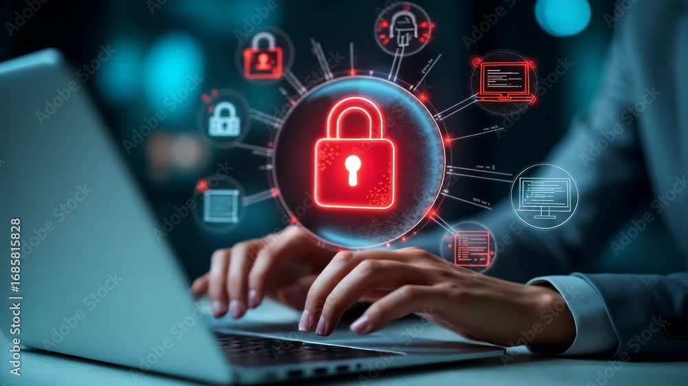 Poster cybersecurity and data breach risk concept. a person using laptop with digital padlock icons, red op