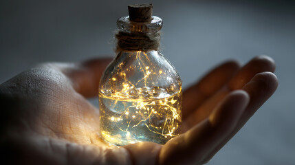 A hand offering a luminous vial of liquid light to the viewer