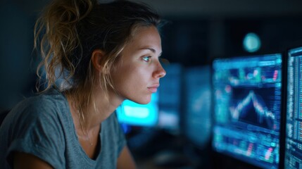 a woman is looking at a computer screen