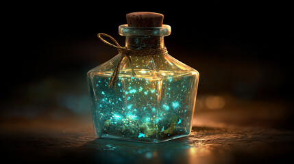 A glowing potion bottle with tiny floating sparkles inside