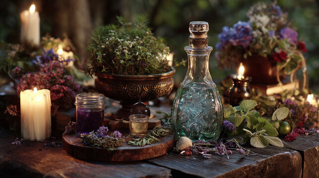 A magical table with herbs, candles, and a sparkling elixir bottle