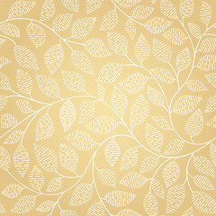 Seamless abstract  floral   background. White leaves on gold background.