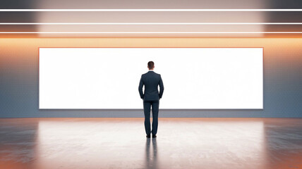 Obraz premium Businessman looking at a large blank white billboard or screen in a modern room, perfect for advertising, presentation, and marketing mockups