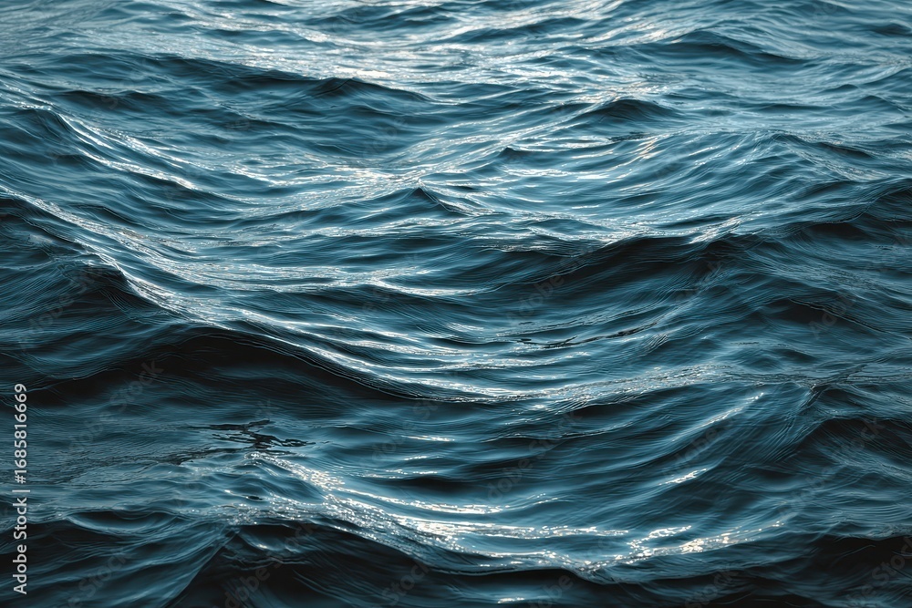 Poster ripples on a tranquil ocean surface display mesmerizing patterns with a single color blue background