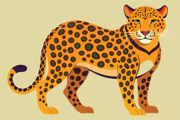 Brightly colored leopard illustration showcases spotted fur and poised stance