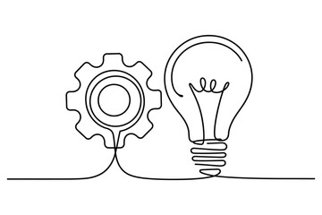Continuous One-Line Vector Drawing of a Light Bulb and Gear for Innovation and Solution. Editable Stroke.