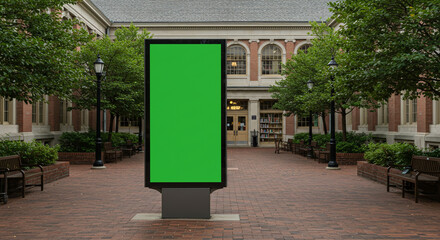 Blank green screen billboard for advertising in a beautiful brick courtyard setting