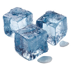 Three ice cubes, translucent blue, with melted water droplets