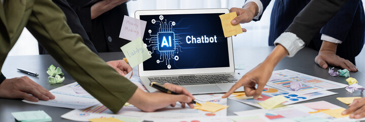 Analyst team use sticky note for creative and analytic brainstorm for business idea with BI data...