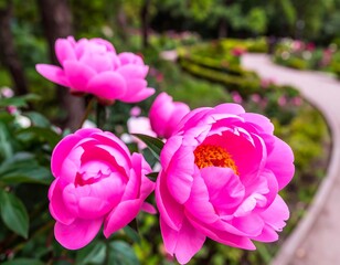 Fototapeta premium Vibrant pink peonies in a garden setting