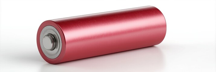 Cylindrical red battery on white background for energy and power storage