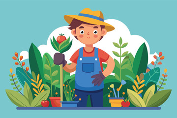 Young gardener tending to plants in a vibrant garden setting during a sunny day