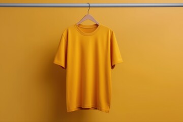 Plain yellow t-shirt on hanger against matching yellow background